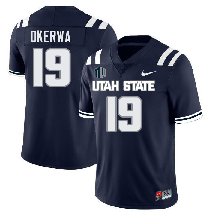 Utah State Aggies #19 Austin Okerwa College Football Jerseys Stitched Sale-Navy